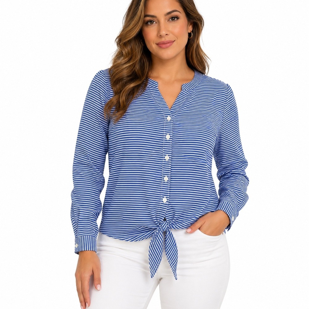 Talbots Petites Blue White Striped Tie Front Button Down Blouse Size Medium MP